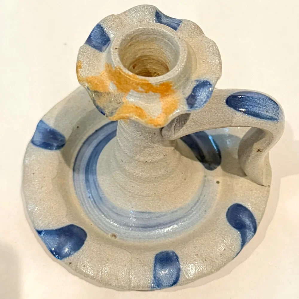 Rowe Pottery Works 1992 Salt Glaze Chamber Stick Candleholder Cobalt Floral